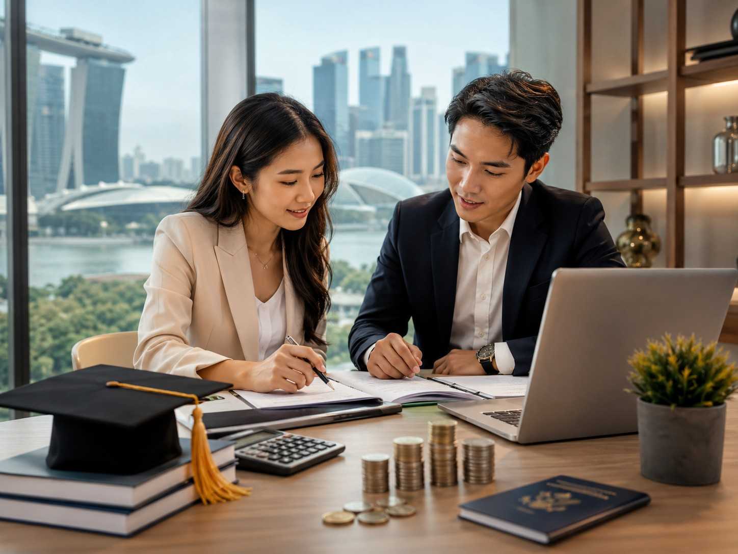 NUS MBA students planning tuition and education financing with study materials and Singapore skyline in the background